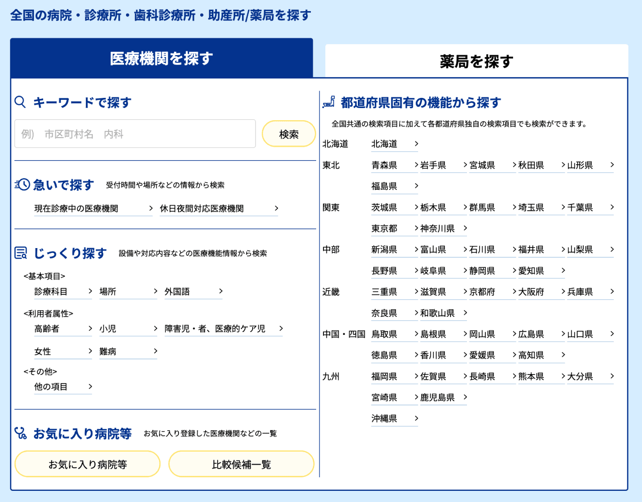 全国の病院・診療所・歯科診療所・助産所/薬局を探す