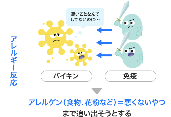 アレルギー反応 アレルゲン（食物、花粉など）＝悪くないやつまで追い出そうとする