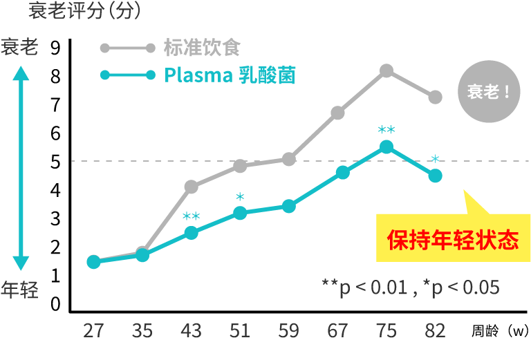 有无摄入Plasma乳酸菌的衰老程度对照图
