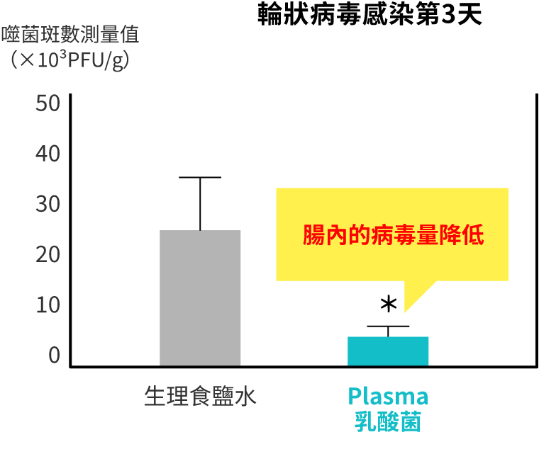 有無攝取Plasma乳酸菌的輪狀病毒感染第3天，腸內病毒量對照圖（攝取Plasma乳酸菌使腸內病毒量下降）